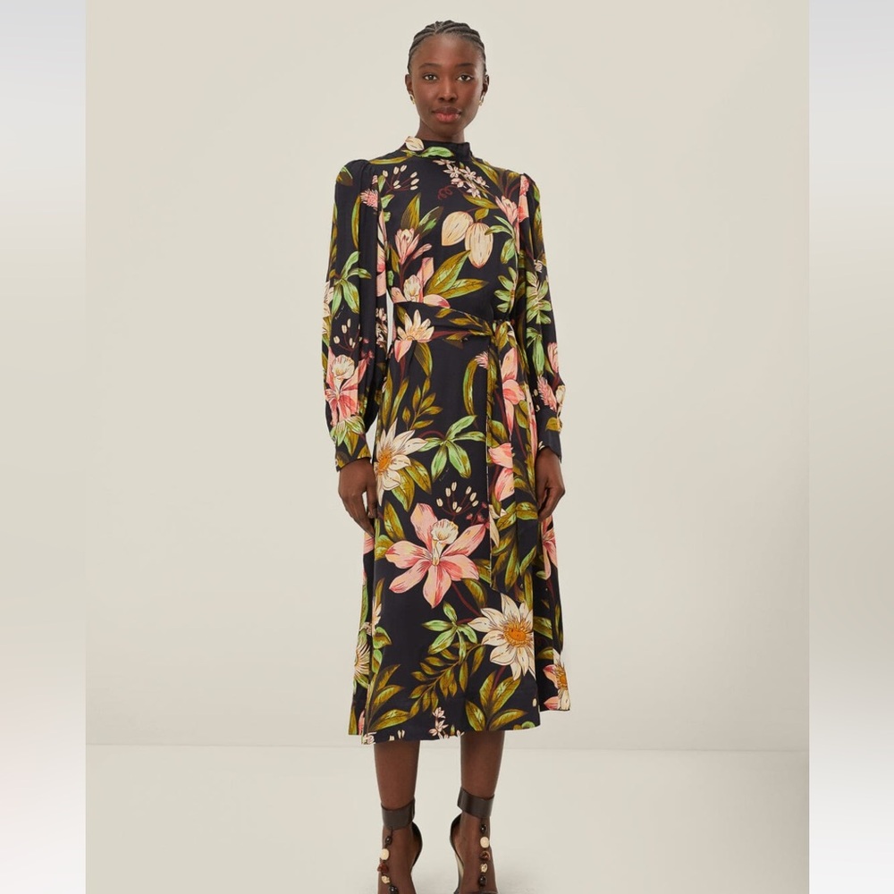 Farm Rio Black Surreal Flowers High Neck Midi Dress